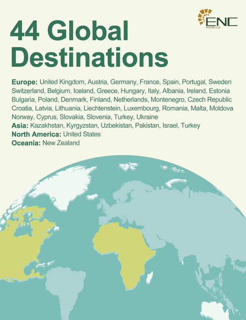 Go To Global Travel Data SIM Card With 20GB High Speed 5G And 4G LTE 30 Day Data Plan Unlimited Data At Reduced Speed 3 In 1 Prepaid Travel SIM For US Europe New Zealand And 44 Global Destinations world map graphic with country list