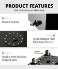 Product features of 1 Gallon Aluminum Fuel Cell Gas Tank With Cap Street Drift Black Built For Street Racers Not For E85 Gasoline Or Methanol Ethanol When Used With CPE Fuel Lines, showing dual-8 outlets and quick release fuel tank cap.