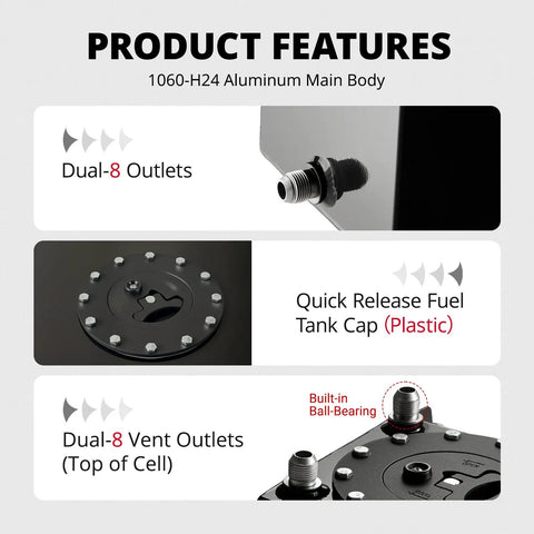 Product features of 1 Gallon Aluminum Fuel Cell Gas Tank With Cap Street Drift Black Built For Street Racers Not For E85 Gasoline Or Methanol Ethanol When Used With CPE Fuel Lines, showing dual-8 outlets and quick release fuel tank cap.