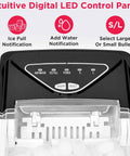 Portable Stainless Steel Countertop Ice Maker Machine That Whips Up To 26 Pounds Of Fast Freezing Cubes Daily control panel with notifications.