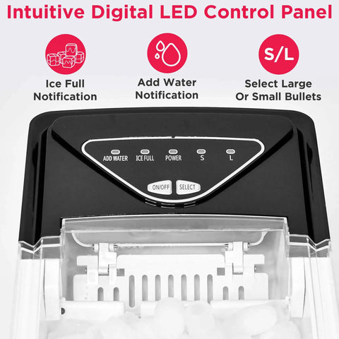 Portable Stainless Steel Countertop Ice Maker Machine That Whips Up To 26 Pounds Of Fast Freezing Cubes Daily control panel with notifications.