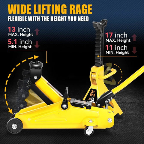 Two Ton Floor Jack With Jack Stands Set, Heavy Duty Hydraulic Trolley Car Jack For Auto Repair, shown with height adjustments and casters