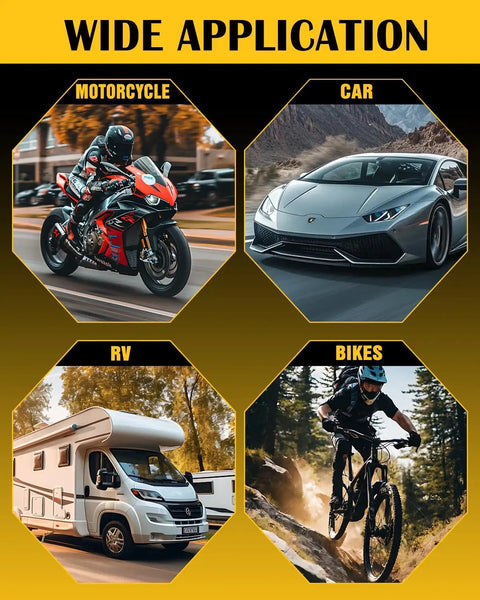 Heavy Duty Locking Air Chuck And Ball Tire Inflator Set Built From Brass And Built To Last With One Quarter Inch NPT Quick Connect, Tough And Bulletproof Tire Inflation Accessory For Cars, Trucks, And SUVs application images with motorcycle, car, RV, and bike.