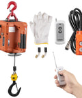 Top Rated Leomru 1100 Lb Electric Hoist Winch With Remote Control and Manual Cable Options, accessories shown include gloves and remote.