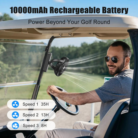Man enjoying breeze from Magnetic Cruise Golf Cart Fan 10000mAh Portable Cooling Buddy attached to golf cart roof.