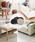 Collage of furnishing scenarios highlighting 20 Pack Carpet Furniture Sliders 3.5 Inch Round Moving Pads Reusable Glide For Tables Chairs