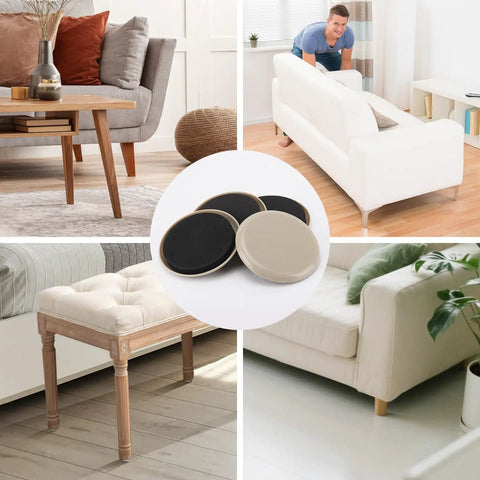 Collage of furnishing scenarios highlighting 20 Pack Carpet Furniture Sliders 3.5 Inch Round Moving Pads Reusable Glide For Tables Chairs