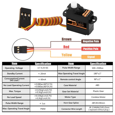 Five Pack 2G Plastic Gear Mini Servo Hobby Grade Digital Coreless Motor For RC Aircraft Drones Boats Cars And Robots 3.7V To 4.2V Quiet High Precision Ideal For Twenty Fourth Scale Models, showing servo with wiring and specifications table