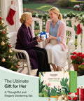 Two women exchanging a gift on a porch with holiday decor, featuring the 10 Piece Womens Garden Tool Gift Set With Floral Organizer Bag