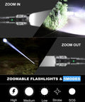 Rechargeable High Lumen Flashlight With 100000 Lumens, showing zoom in and out modes with powerful tactical beam effect.