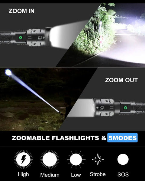 Rechargeable High Lumen Flashlight With 100000 Lumens, showing zoom in and out modes with powerful tactical beam effect.