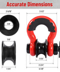 Heavy Duty 3/4 Inch D Ring Shackle With Upgraded Snatch Blocks For Off Road Recovery And Tow Winching, 28.5 Ton Break Strength, 2 Pack Red Fits 7/8 Screw Pin, Works With 7/32-3/8 Inch Steel Cable. Dimensioned red and black shackle with pulley