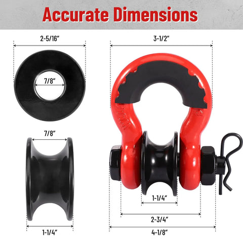 Heavy Duty 3/4 Inch D Ring Shackle With Upgraded Snatch Blocks For Off Road Recovery And Tow Winching, 28.5 Ton Break Strength, 2 Pack Red Fits 7/8 Screw Pin, Works With 7/32-3/8 Inch Steel Cable. Dimensioned red and black shackle with pulley