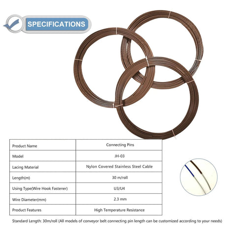 Hinge Pins For U2 And U3 Conveyor Belts Nylon Coated Locking Pins With 2.3 Millimeter Wire Diameter And 304 Stainless Steel Core 30 Meter By 100 Foot Coil Industrial Grade Corrosion Resistant Fasteners In Brown, displayed in coils