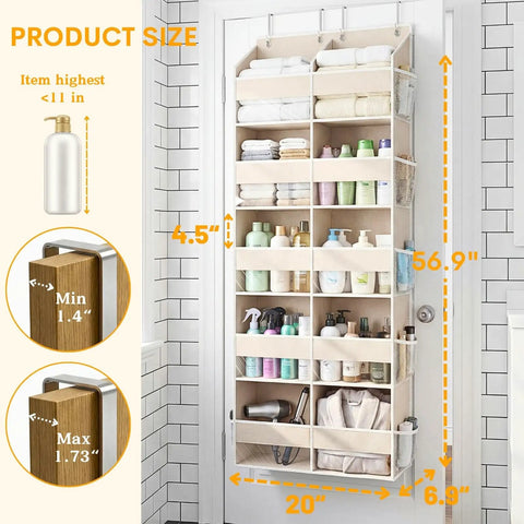 Over The Door Organizer Five Tiers With Ten Compartments Delivers Extra Large Behind Door Storage And A Sturdy 80 Lbs Weight Capacity Super Handy For Closet Dorms Nursery Or Pantry Door Hanging Organizer Beige showing dimensions and storage capacity.