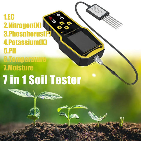 7 In 1 Handheld Soil Tester Kit With NPK And pH, Temperature, Moisture, And Conductivity EC Meter displayed with growing plants