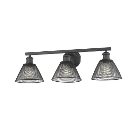 Alt Tag: Carver Three Light Black Bath Vanity With Mesh Shades Industrial Style Fixture for Damp Locations, front view