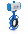 Front view of UNOX pneumatic butterfly valve with actuator, wafer type DN125 (5"), blue body, stainless steel disc.