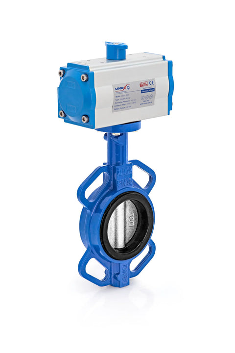 Front view of UNOX pneumatic butterfly valve with actuator, wafer type DN125 (5"), blue body, stainless steel disc.