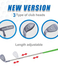 Toddler Golf Club Set With Retractable Metal Shaft And Upgraded Grooved Design showing 3 types of club heads and adjustable length.