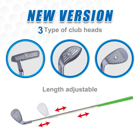 Toddler Golf Club Set With Retractable Metal Shaft And Upgraded Grooved Design showing 3 types of club heads and adjustable length.