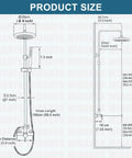 Product size diagram of Outdoor Shower Fixture Set in Brushed Nickel with 8 Inch Rainfall Head, 2 in 1 Handheld Spray, and Slide Bar