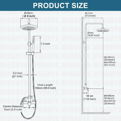 Product size diagram of Outdoor Shower Fixture Set in Brushed Nickel with 8 Inch Rainfall Head, 2 in 1 Handheld Spray, and Slide Bar