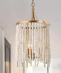 Beaded Boho Chandelier Three-Light Pendant For Kitchen Island Dining Room Foyer And Hallway Rustic White Wood Beads With Mottled Aged Gold Metal Frame 12.5 Inch Diameter hanging.