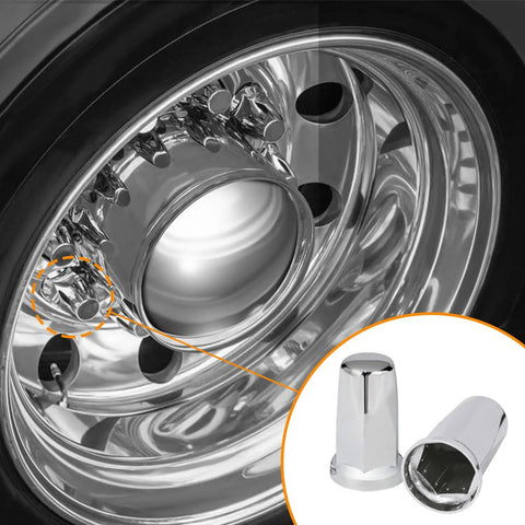 Close-up of 33mm 3.25 Inch Height Chrome Plastic Lug Nut Covers for Semi Trucks Push On ABS Caps With Flange on wheel