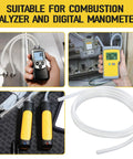 Front view of A774 silicone pressure tubing, 3/16 in ID x 5/16 in OD, clear high-temp hose, 6 ft length.
Side view of 3/16 in ID silicone tubing connected to a manometer for combustion analysis.
Close-up of clear silicone tubing coil, 3/16 in ID x 5/16 in OD, high-temp flexible hose.
Coiled 6 ft clear silicone pressure tubing, 3/16 in ID x 5/16 in OD for manometers.
