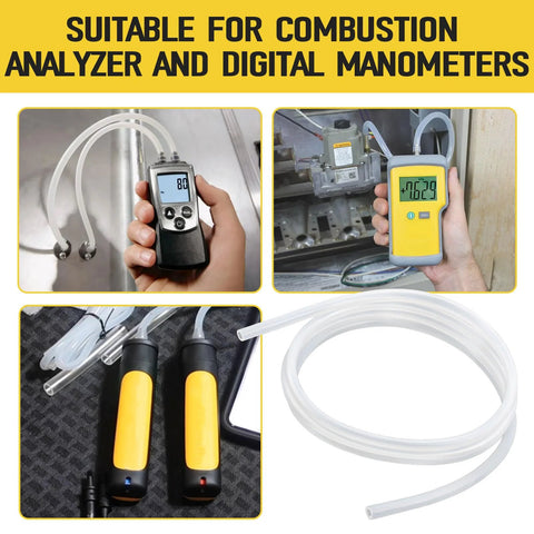 Front view of A774 silicone pressure tubing, 3/16 in ID x 5/16 in OD, clear high-temp hose, 6 ft length.
Side view of 3/16 in ID silicone tubing connected to a manometer for combustion analysis.
Close-up of clear silicone tubing coil, 3/16 in ID x 5/16 in OD, high-temp flexible hose.
Coiled 6 ft clear silicone pressure tubing, 3/16 in ID x 5/16 in OD for manometers.