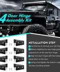 Heavy Duty Four Door Hinge Assembly Kit For 2007 To 2018 Jeep Wrangler JK JKU Unlimited with installation instructions and hinges.