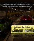 Two Pack Student Driver Magnets for Car Highly Reflective Stickers for Doors Trunk Hood and Bumper Universal Removable Be Patient New Driver Magnet Yellow, reflective yellow magnet on car in tunnel
