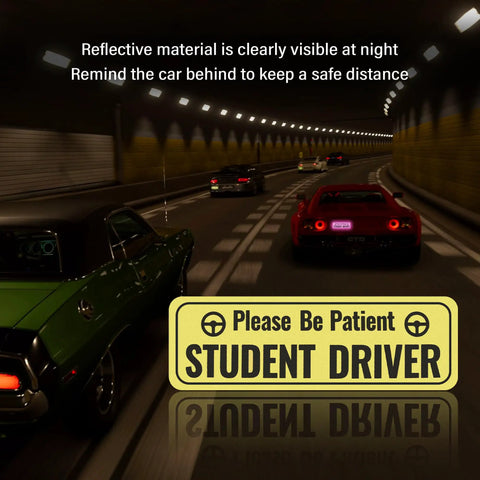 Two Pack Student Driver Magnets for Car Highly Reflective Stickers for Doors Trunk Hood and Bumper Universal Removable Be Patient New Driver Magnet Yellow, reflective yellow magnet on car in tunnel