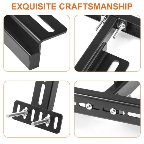 Close-up of Heavy Duty Adjustable Headboard Bracket Kit In Sleek Black Metal featuring reinforced steel and mounting hardware.
