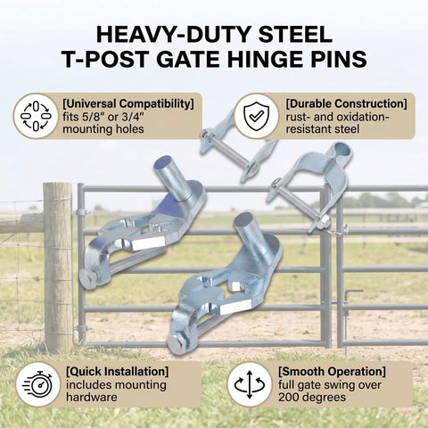Heavy Duty Steel Door Hinges With T Post Suspension For Versatile Farm Gates, rustproof, easy install with hardware displayed