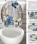 Toilet Seat Wooden Resin for Bathroom with floral design, featuring blue flowers and a butterfly on a wooden background.