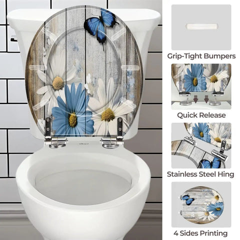 Toilet Seat Wooden Resin for Bathroom with floral design, featuring blue flowers and a butterfly on a wooden background.