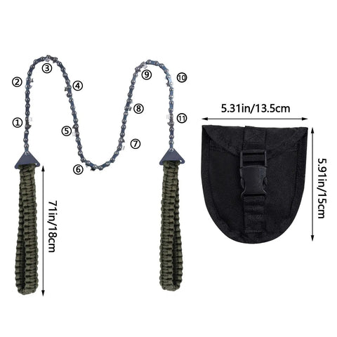 Pocket Chainsaw With Paracord Handle Folding Chain Saw For Camping Hiking Hunting Emergency Outdoor Survival Gear 24 Inch Long 11 Teeth Army Green Compact Durable All Weather Ready For Tough Outdoor Jobs Go To Tool shown with handles and sheath