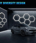 Hexagon Garage Lights 25 Pack LED Ceiling Fixtures 168W 21840 Lumens 6700K Daylight White installed on dark wall