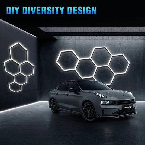 Hexagon Garage Lights 25 Pack LED Ceiling Fixtures 168W 21840 Lumens 6700K Daylight White installed on dark wall