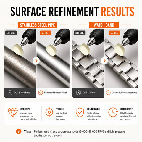 Before and after polishing results on stainless steel and watch band using 110 Piece Rotary Tool Polishing Kit All In One Pro Grade With Felt Wheels Buffing Wheels And Bullet Bits One Inch And One Half Inch Sizes Plus Five Stainless Mandrels For Watches Metal Detail Finishing In Tight Spaces.