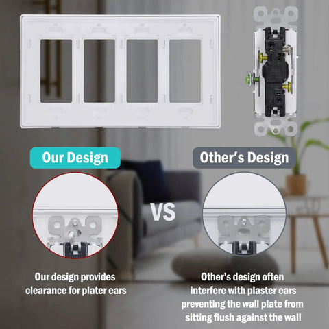 Comparison of screwless 4 gang wall plate white decor outlet cover with standard plate design in a modern room setting.