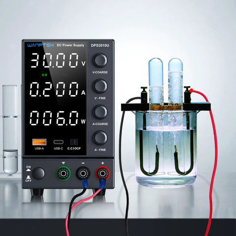 Pro Grade DC Bench Power Supply 0 To 30V 0 To 10A with encoder knobs and digital display connected to glass container