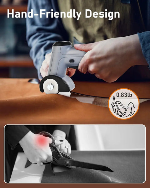 Person using Cordless Electric Scissors Upgraded 4V Rotary Cutter With Two Blades And LED Light to cut fabric