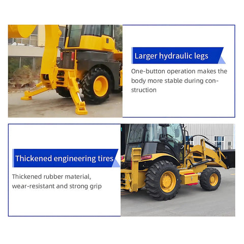 Compact Backhoe Loader Tractor 4x4 Do It All Digger And Loader showing larger hydraulic legs and thickened engineering tires.