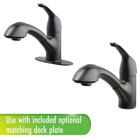 Pull-Out Laundry Faucet With Single Handle, 4.0 GPM Flow, Deckplate Included, Matte Black Finish, shown with and without deckplate
