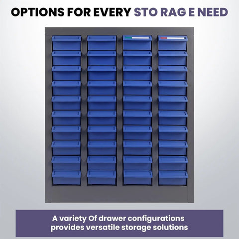 Front view of Heavy Duty Nut And Bolt Organizer Cabinet With 52 ABS Drawers, alloy steel frame, for garage and workshop organization.