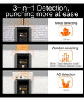 3-in-1 Wall Scanner and Stud Finder displaying metal, wood, and AC detection capabilities with detailed scan depths.