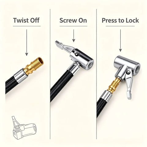 Heavy Duty Tire Inflator Hose Adapter Kit Converts To Lock Connection With All Metal Air Chuck Thumb Press Control For Schrader Thread Cars Trucks Leak Proof Fits Standard Valves Plug And Play Rock Solid Build, all-metal hose adapter shown twist off, screw on, press to lock